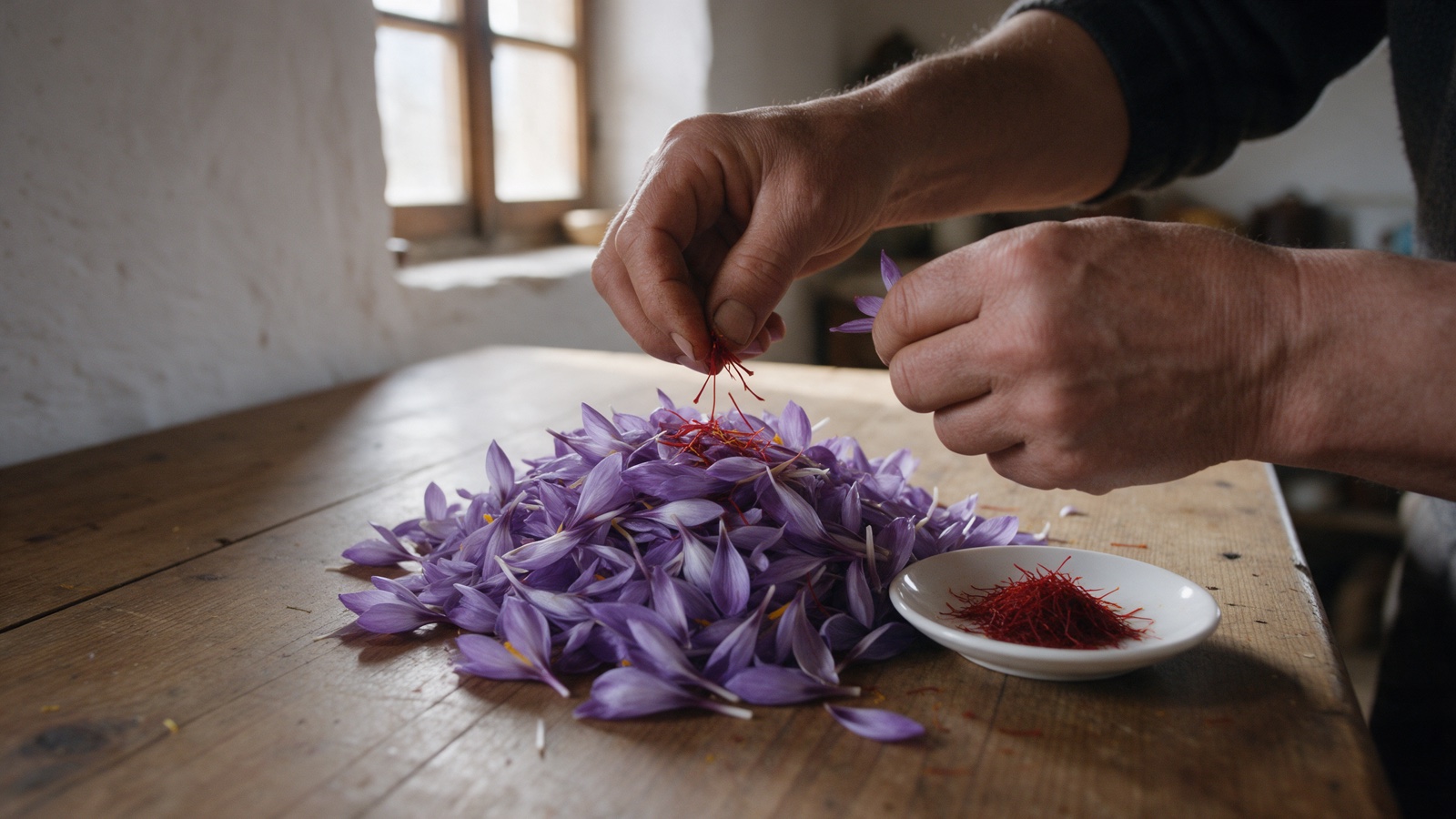 Two hands pulling red saffron stigmas from a heap of violet crocus petals on a worn wooden table, a white saucer of red threads beside them, window light in a whitewashed village room