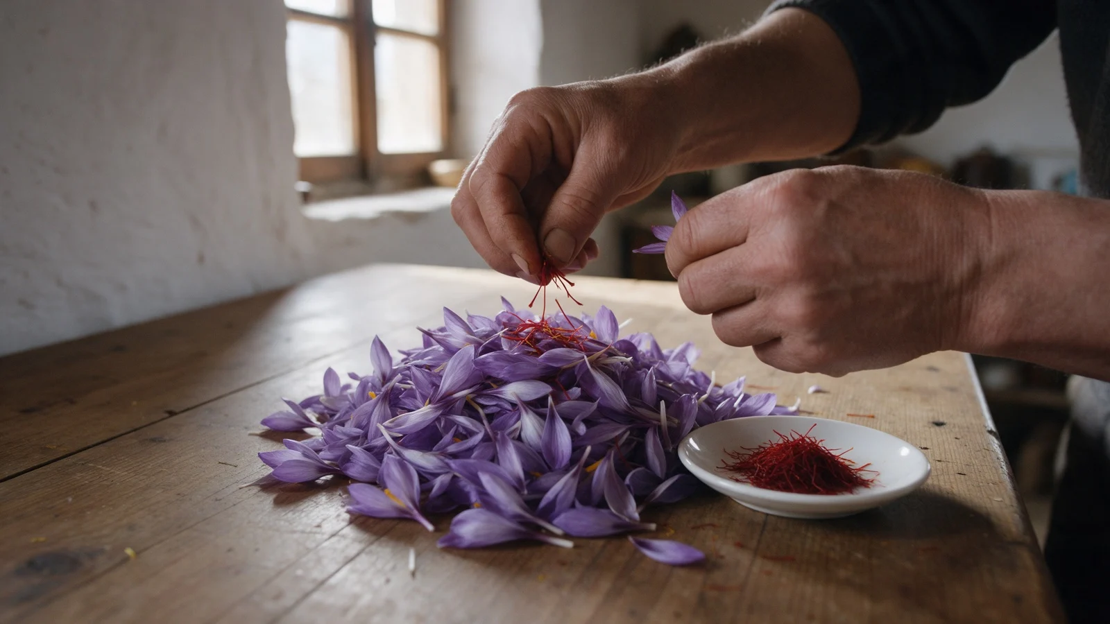 Two hands pulling red saffron stigmas from a heap of violet crocus petals on a worn wooden table