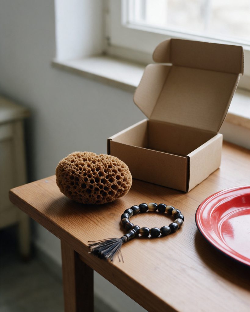 A brown honeycomb sponge, a horn bead string with a tassel and an open kraft box on a wooden table by a window, a red enamel plate at the edge