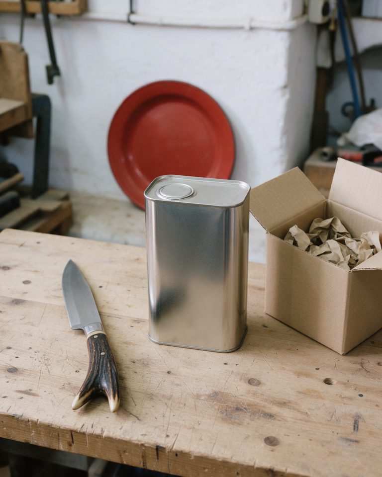 A knife with a forked horn handle, a plain silver olive oil tin and an open kraft box with paper filling on a wooden workbench, a red enamel plate against a white workshop wall