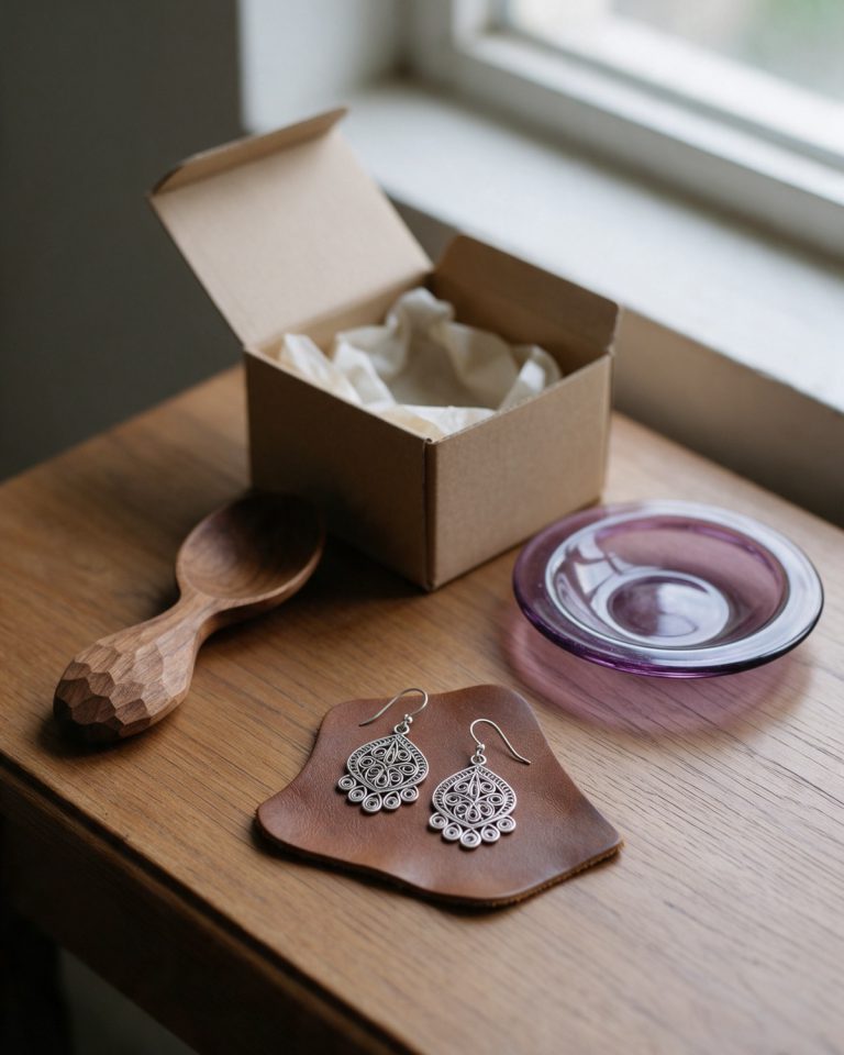 Silver filigree earrings on a leather pad, a carved wooden spoon, an open kraft box with tissue paper and a violet glass dish on a table by a window