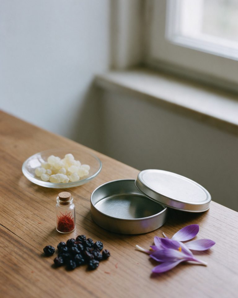An open plain round tin beside a glass dish of mastic tears, a small vial of red saffron, a heap of currants and violet crocus petals on a wooden table