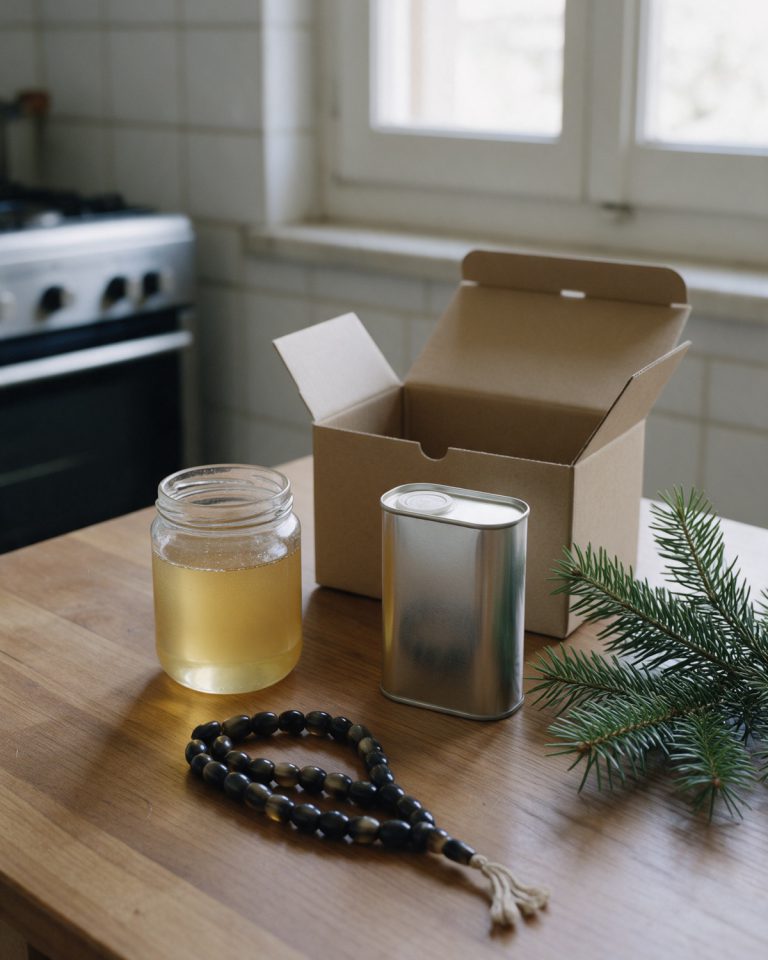 A plain glass jar of pale honey, a plain silver oil tin, a dark horn bead string and an open kraft box on a kitchen table beside a fir branch
