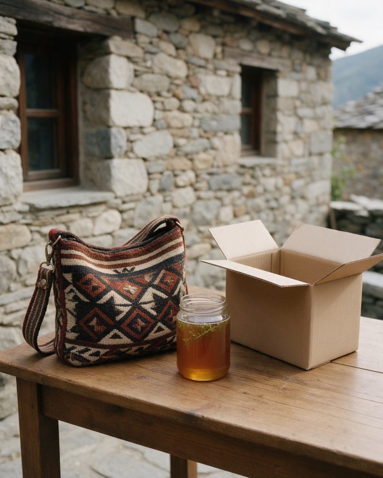 A hand-woven geometric wool shoulder bag, a plain glass jar of amber honey and an open kraft box on a wooden table in front of a stone house
