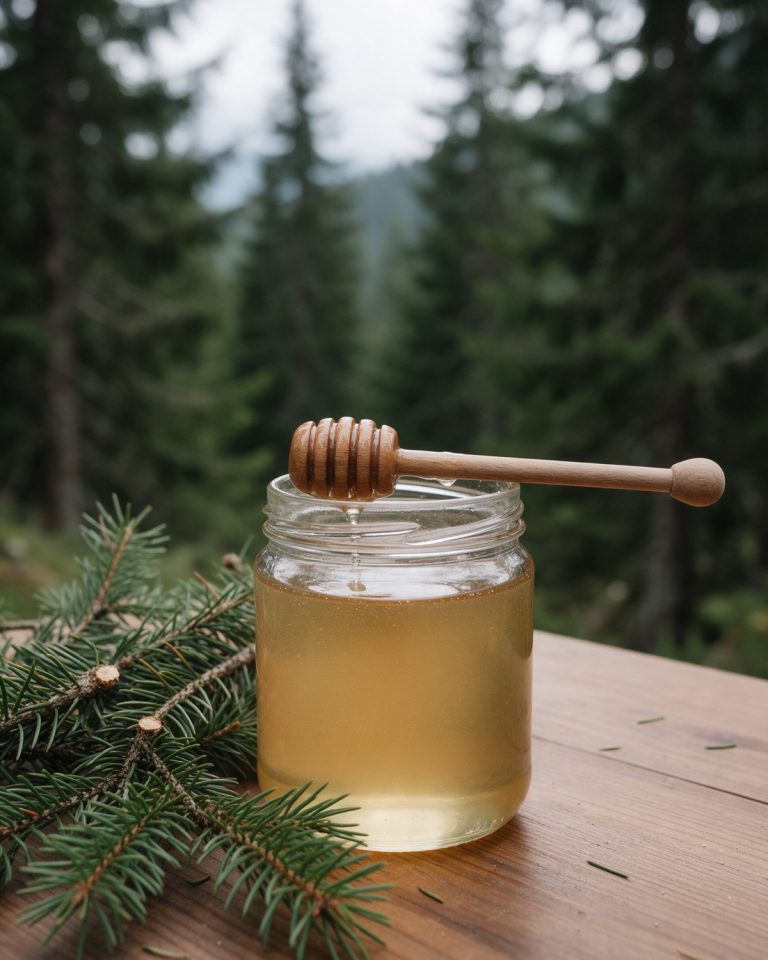 A plain glass jar of pale honey with a wooden dipper across the top, fir branches on an outdoor wooden table, fir forest behind