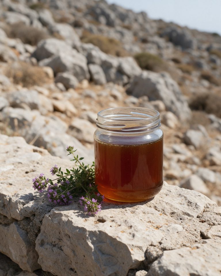 A plain glass jar of dark amber honey on a limestone ledge beside a sprig of flowering wild thyme, a dry rocky hillside behind