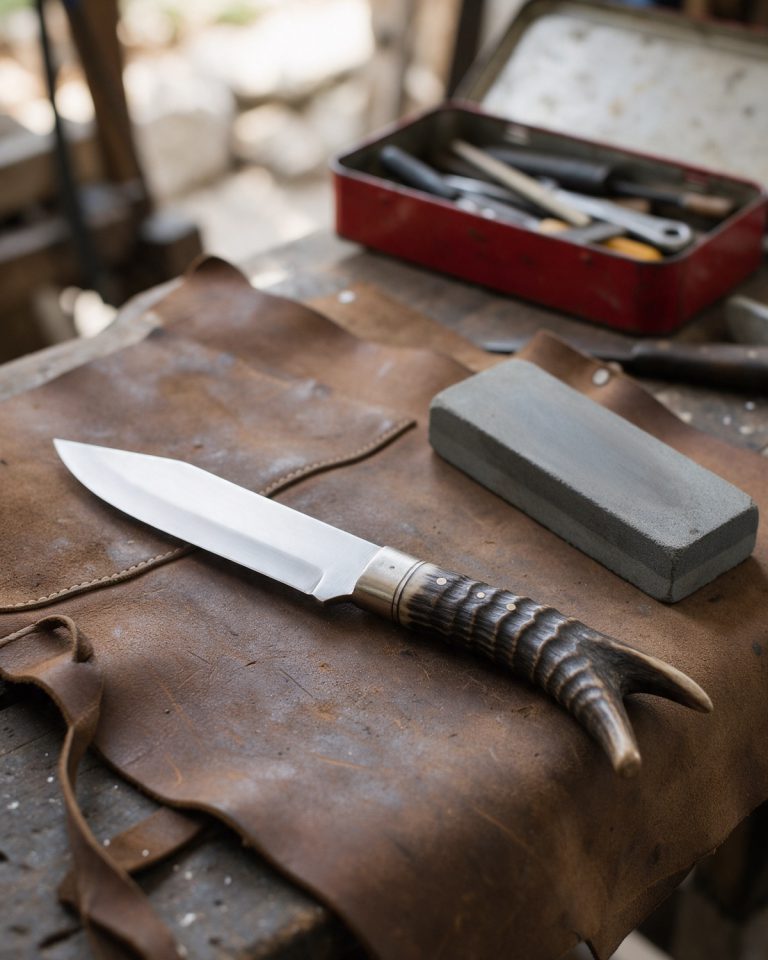 A knife with a plain steel blade and a dark forked horn handle on a worn leather apron, a grey sharpening stone beside it and a red tin of tools behind