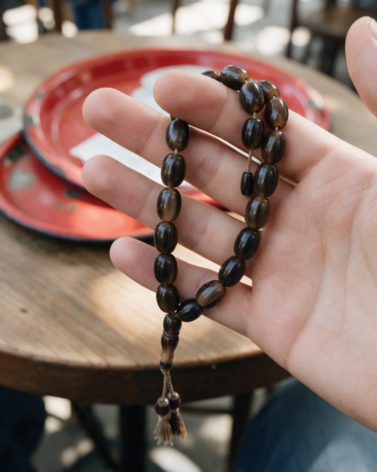 A hand holding a string of polished dark horn worry beads with a tassel, a red enamel tray on a wooden table behind