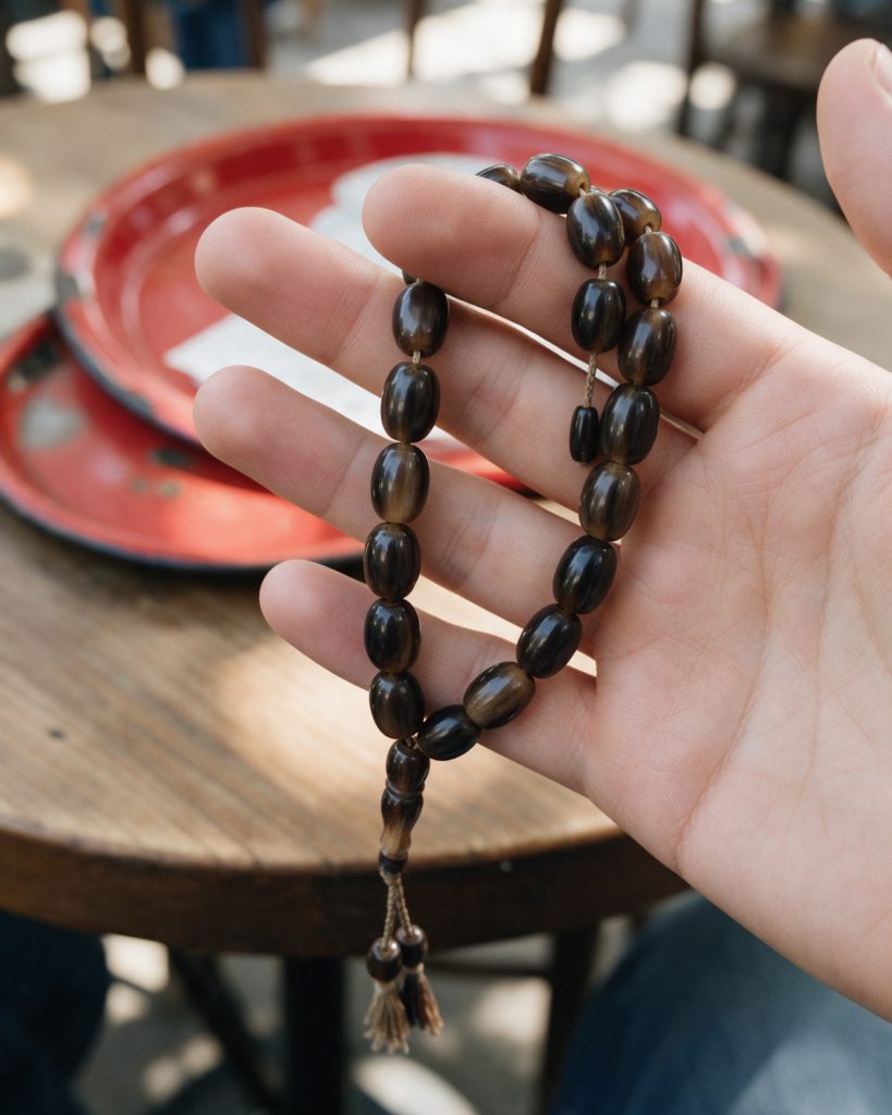 A hand holding a string of polished dark horn worry beads with a tassel, a red enamel tray on a wooden table behind