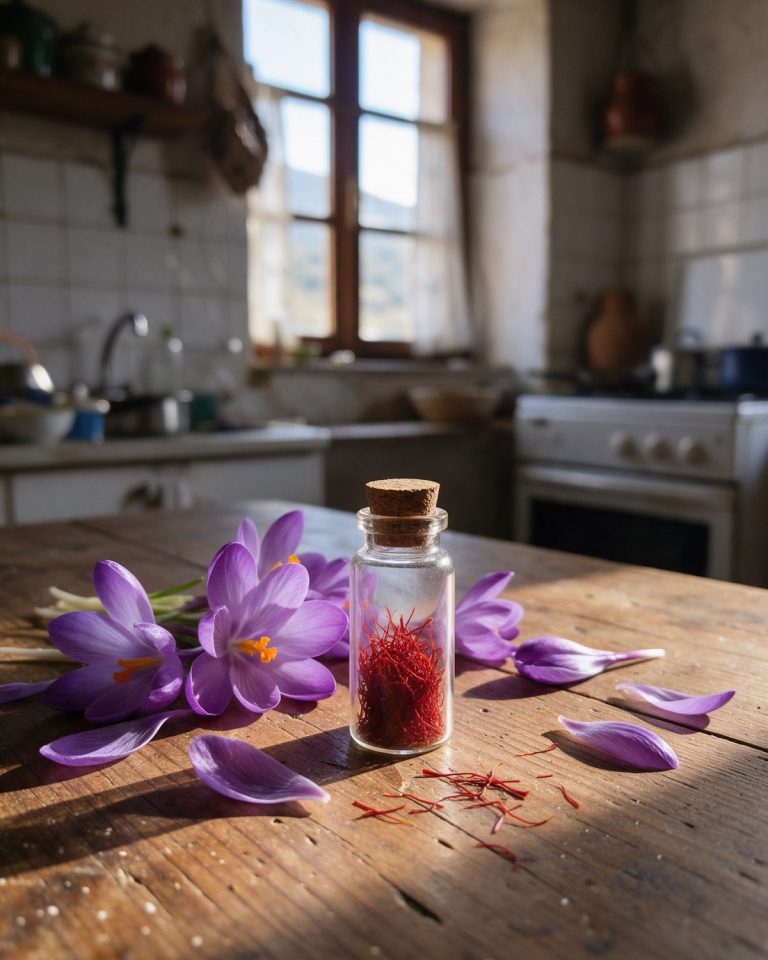 A small corked glass vial of red saffron threads on a wooden kitchen table, violet crocus flowers and loose petals around it, a few threads scattered on the wood