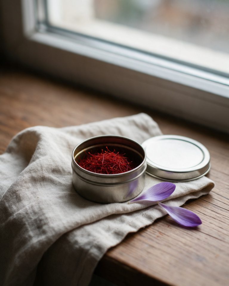 An open plain metal tin filled with red saffron threads on folded linen by a window, its lid beside it and two violet crocus petals on the table