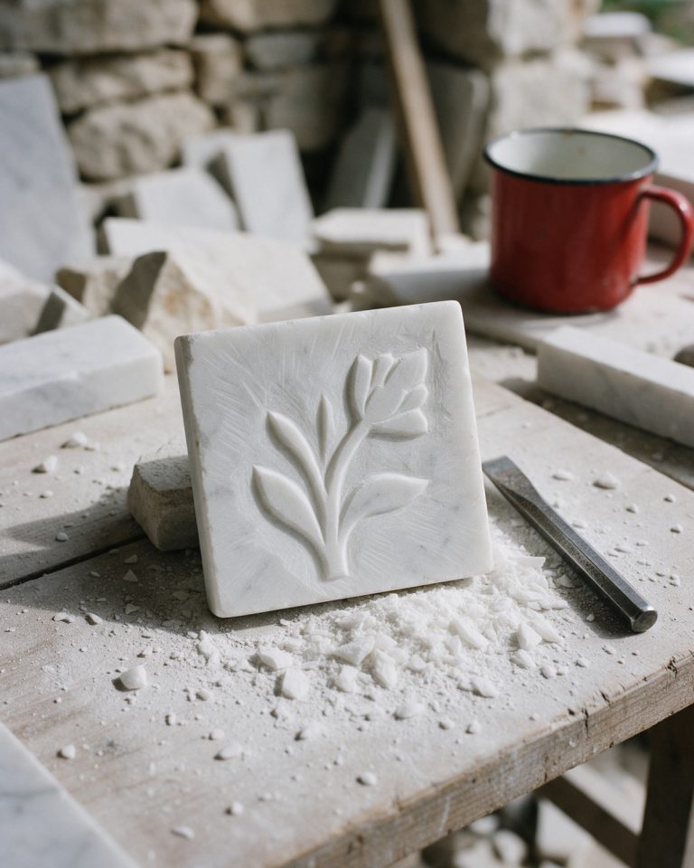 A small square white marble tile carved in relief with a plant, chisel marks on its surface, a steel chisel and marble chips on a dusty bench, a red enamel mug behind