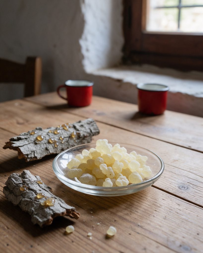 A clear glass dish of pale translucent mastic tears on a wooden table, two pieces of grey bark with resin drops, red enamel cups by a window behind