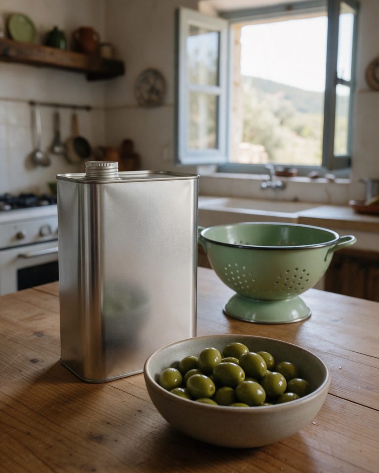 A plain silver olive oil tin on a farmhouse kitchen table, a bowl of glossy green olives in front and a pale green enamel colander beside it, an open window behind