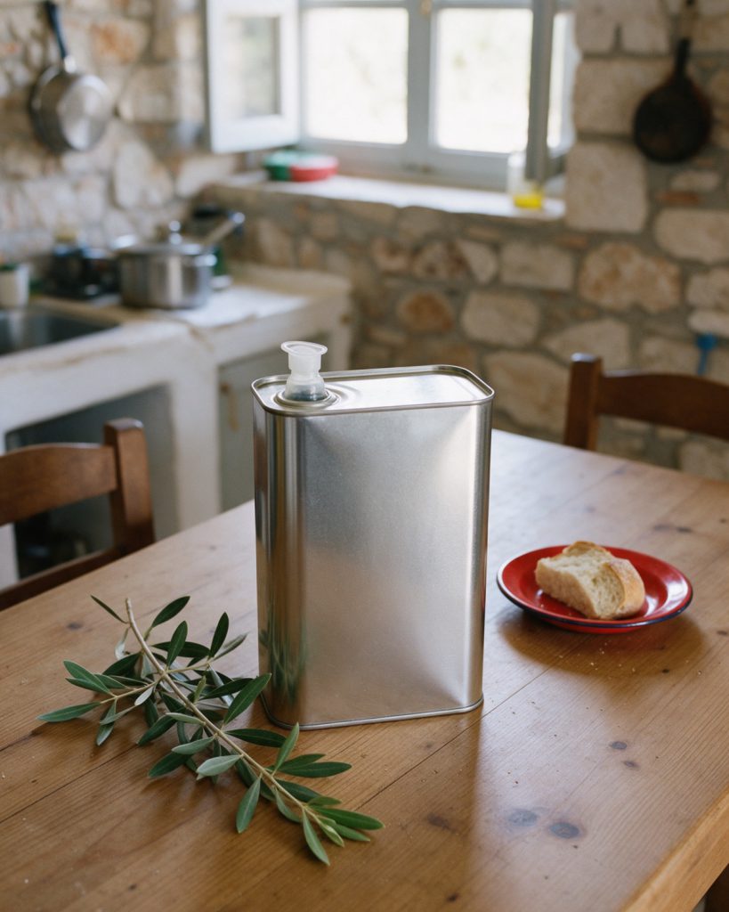 A plain silver olive oil tin with a pour spout on a wooden kitchen table, an olive branch beside it and bread on a red enamel plate, a stone-walled village kitchen behind