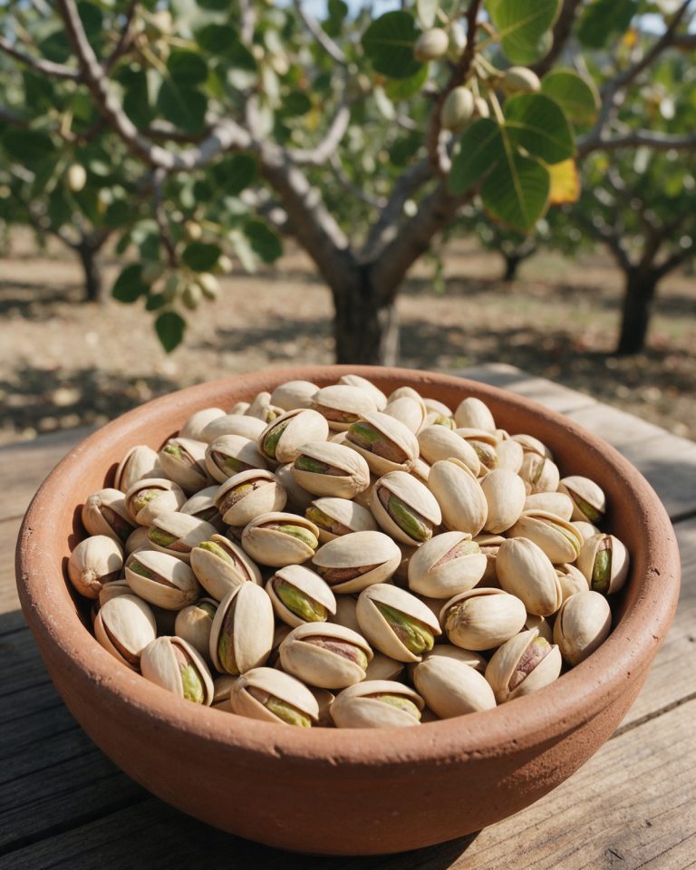 A terracotta bowl heaped with pistachios in pale split shells on a weathered table, pistachio trees in an orchard behind