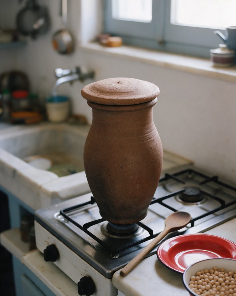 A tall unglazed clay cooking pot with a flat clay lid on a gas stove burner, a wooden spoon, a red enamel plate and a bowl of dried chickpeas on the counter