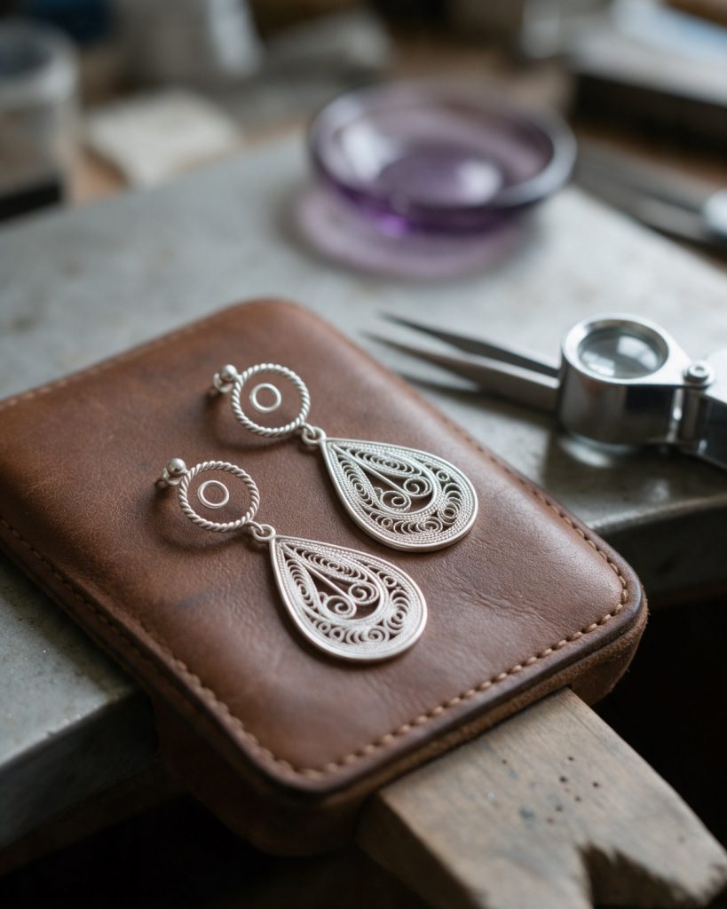 A pair of silver filigree teardrop earrings on a brown leather pad on a workbench, tweezers and a loupe beside them, a violet glass dish behind