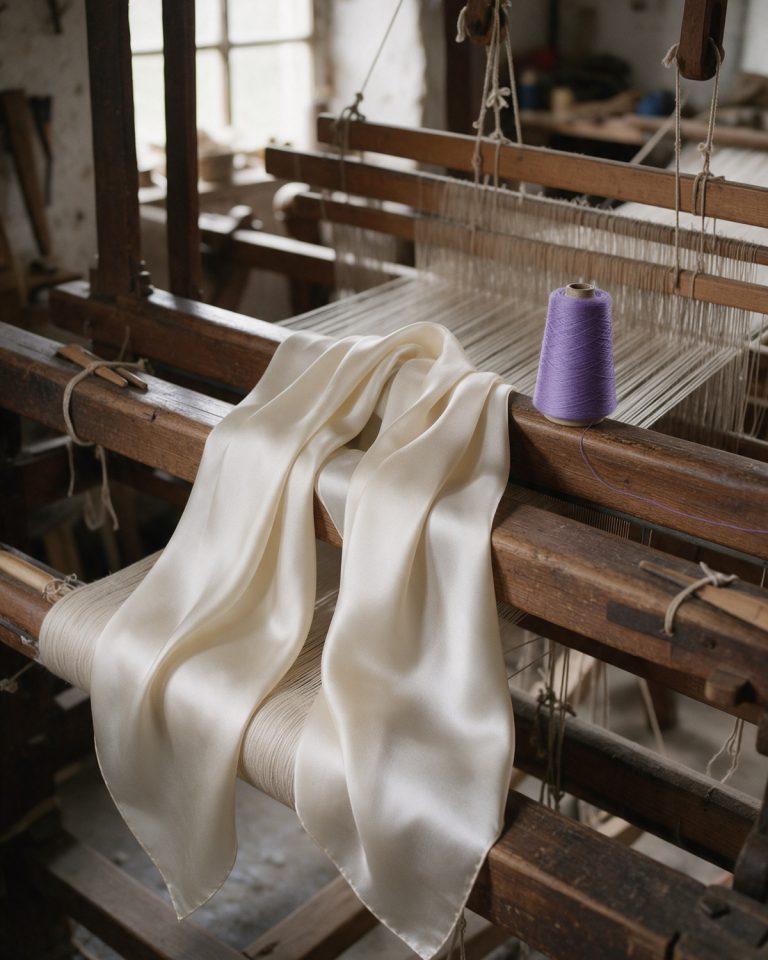 An ivory silk scarf draped over the beam of an old wooden hand loom, a violet cone of thread standing on the beam