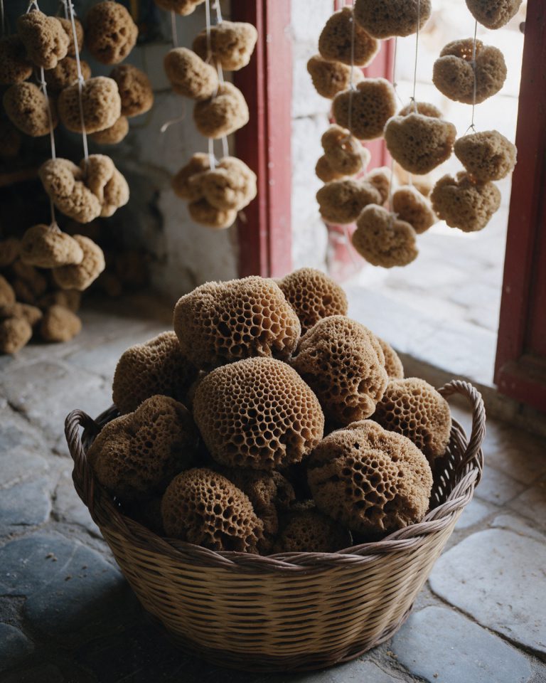 A wicker basket piled with natural brown honeycomb sponges on a stone floor, more sponges hanging on cords by a red-painted doorway