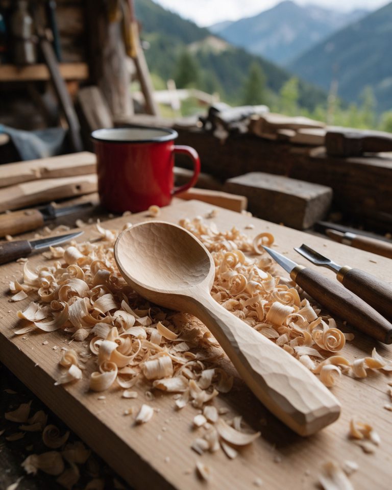 A hand-carved pale wooden spoon among curled wood shavings on a workbench, carving knives beside it, a red enamel mug and mountains behind