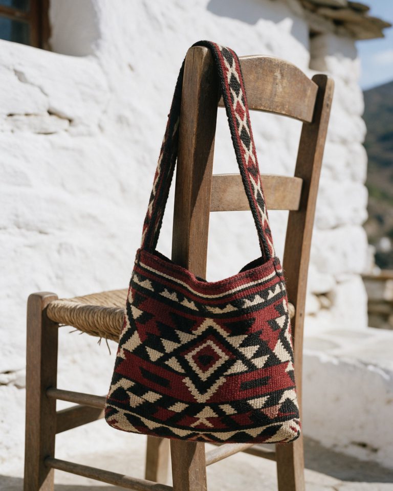 A hand-woven wool shoulder bag in dark red, black and cream geometric pattern hanging from a wooden chair against a whitewashed wall