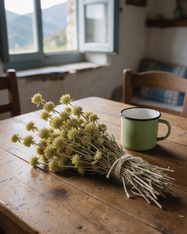 A bundle of dried mountain tea stems with pale yellow flower heads tied with cotton string on a wooden table, a green enamel mug beside it, mountains through the window