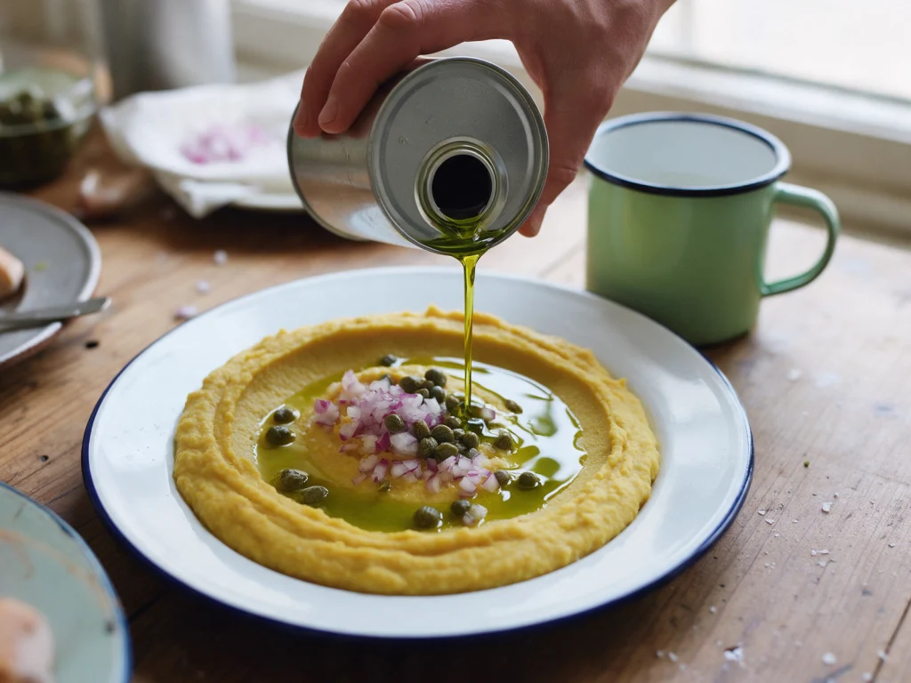 A hand pouring green olive oil from a plain tin over yellow split pea puree topped with red onion and capers, a pale green enamel mug on the table