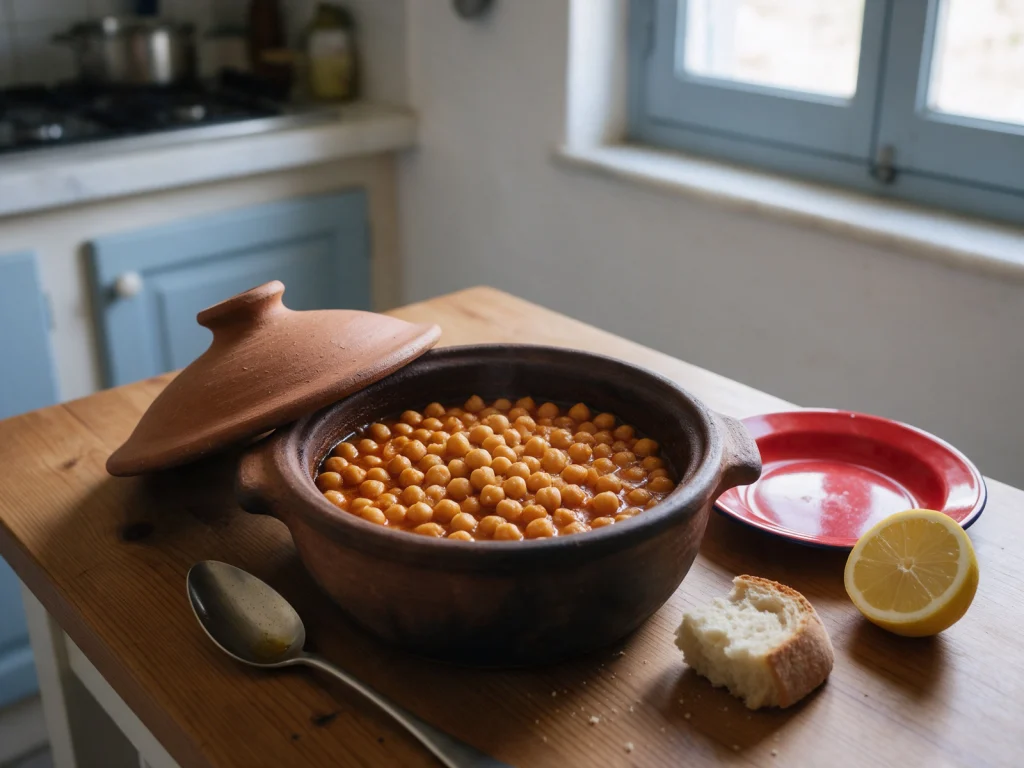 An open clay pot of baked chickpea stew on a wooden kitchen table, its lid set aside, a spoon, bread, a lemon half and a red enamel plate