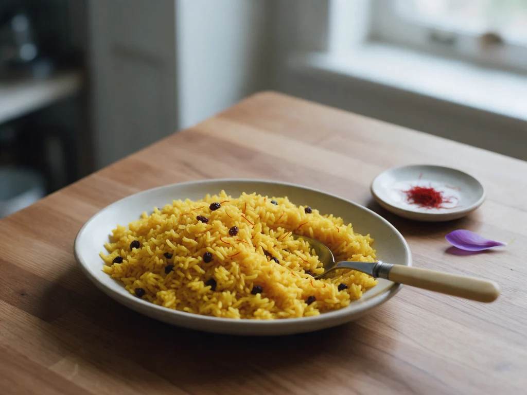 A plate of golden saffron rice studded with currants and a spoon on a wooden table, a small dish of red saffron threads and a violet crocus petal beside it