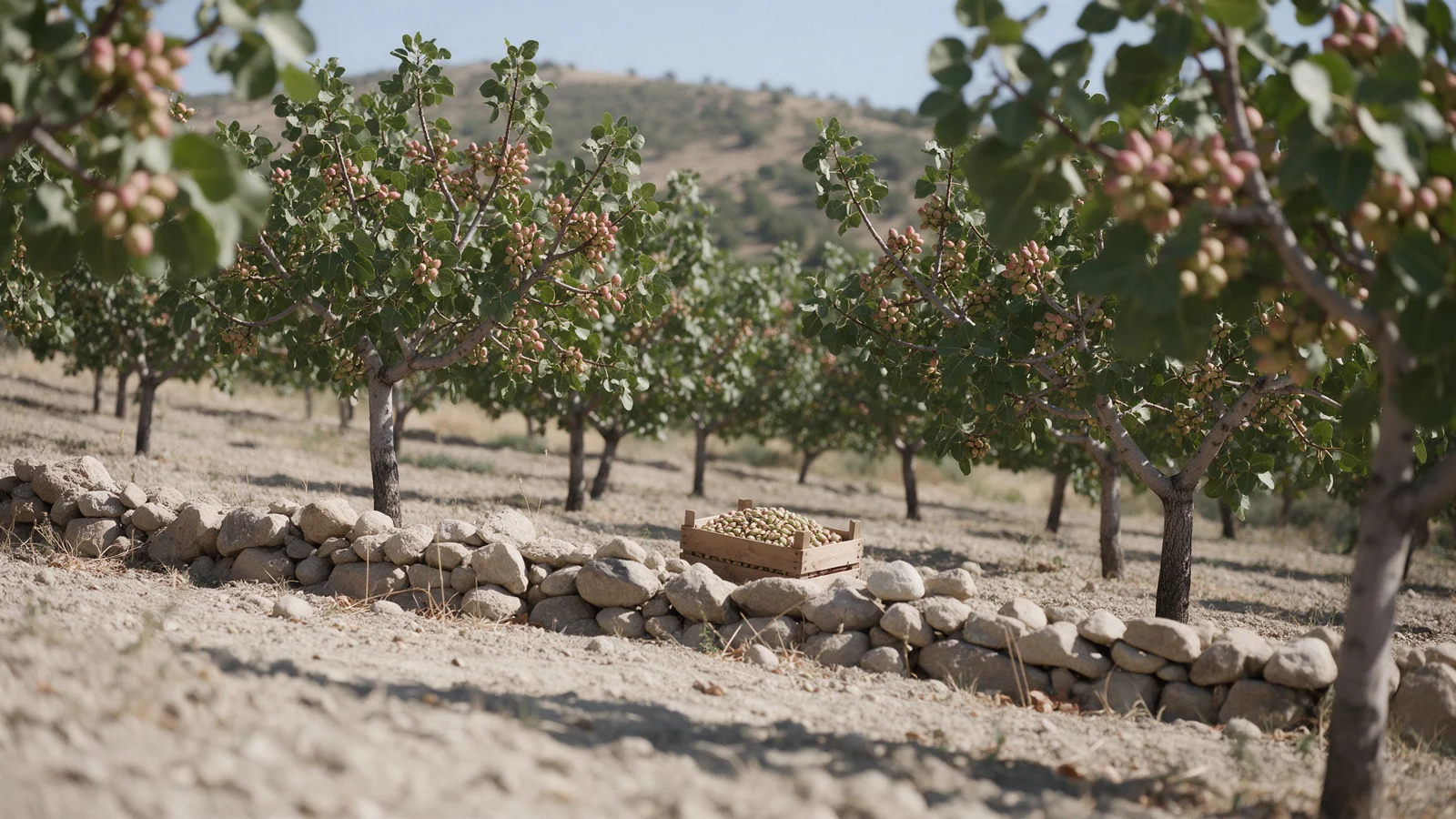 Rows of pistachio trees heavy with pink and green husks, a low stone wall and a wooden crate of harvested pistachios on pale dry soil