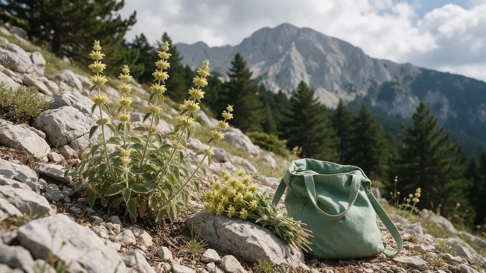 Mountain tea plants with pale yellow flower spikes on a rocky slope, a picked bundle on a rock beside a green canvas bag, pine forest and a grey limestone peak behind