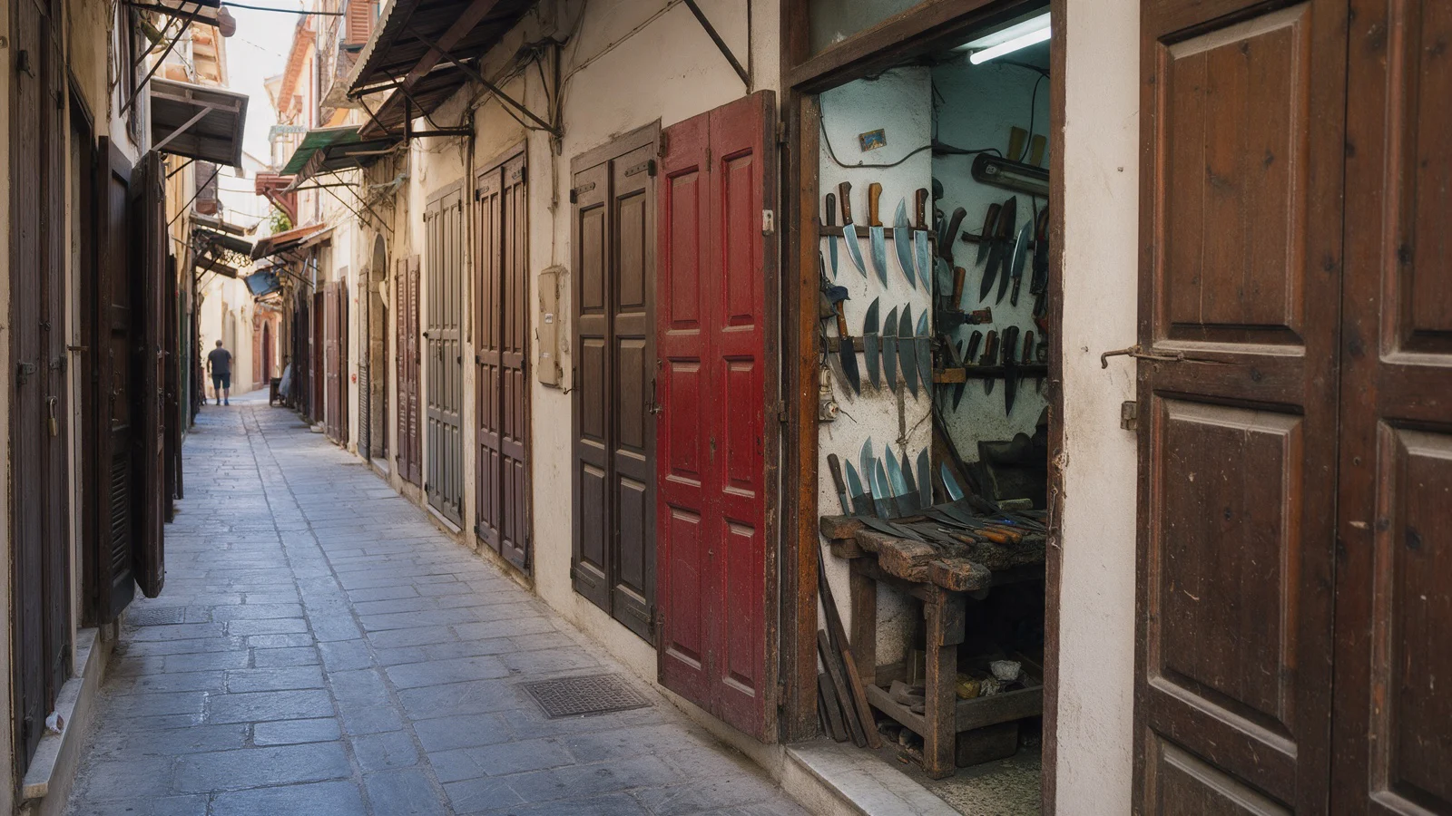 A narrow paved lane of wooden shop doors, one painted red, an open doorway showing knives on the wall and a workbench, a distant figure walking away