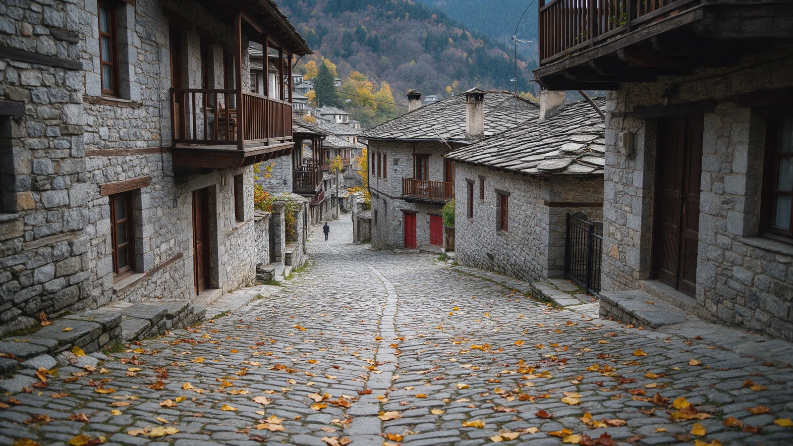 A cobbled street of grey stone houses with wooden balconies and slate roofs, autumn leaves on the stones, red doors and forested mountain slopes behind, a distant figure walking away