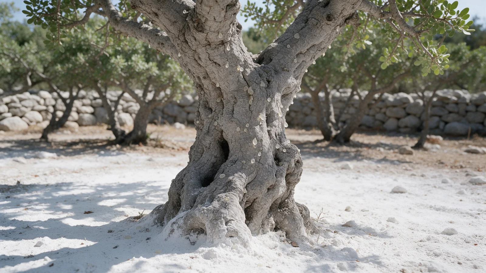 A gnarled grey mastic tree trunk dotted with pale resin tears above ground dusted white, more mastic trees and a dry stone wall behind