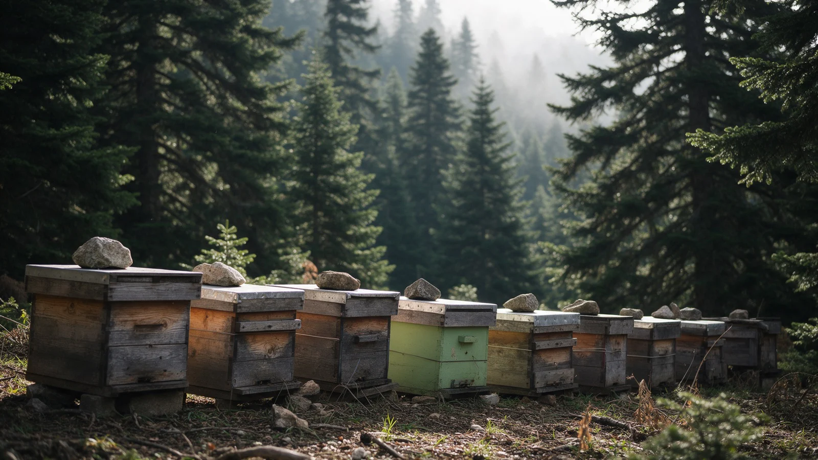 A row of weathered wooden beehives, one painted pale green, on the floor of a misty fir forest