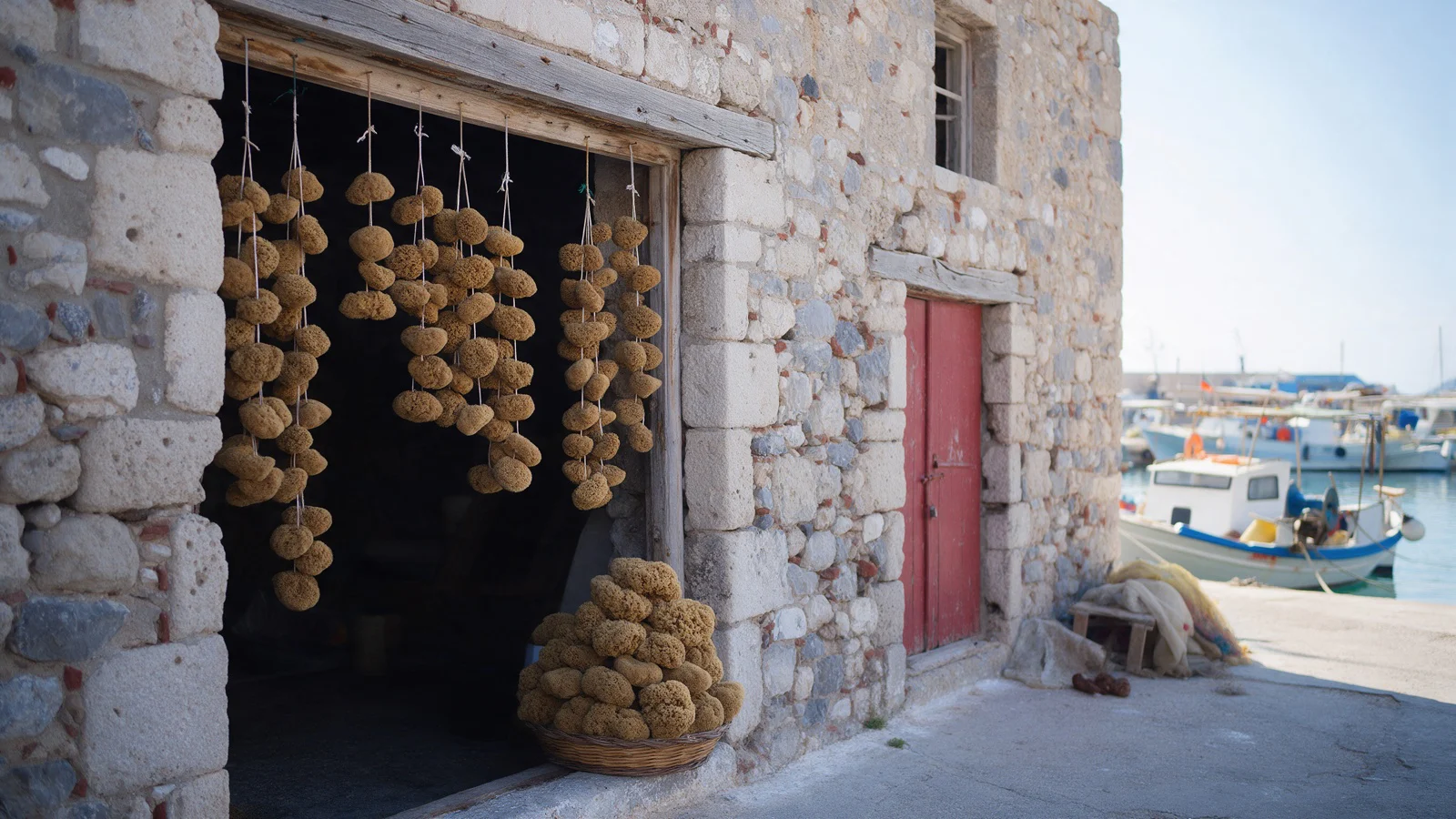 Strings of brown sea sponges hanging in the doorway of an old stone harbour warehouse, a basket of sponges at the threshold, a red door and moored fishing boats beside it