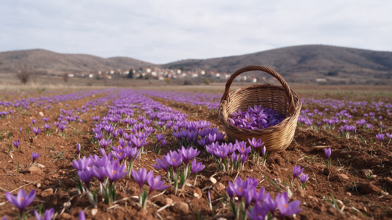 Rows of violet crocus flowers on red-brown earth, a wicker basket of picked flowers in the field, a village and bare rolling hills behind under an overcast sky